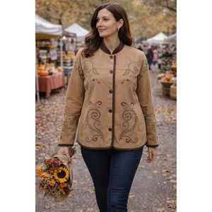 Denim & Co Paisley Embroidered Jacket Brushed Twill Brown Small